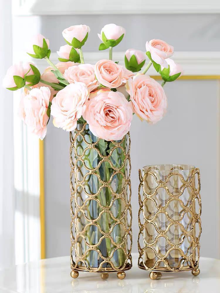 Hollow Out Glass Vase – Golden Geometric Metal Frame - Image 2
